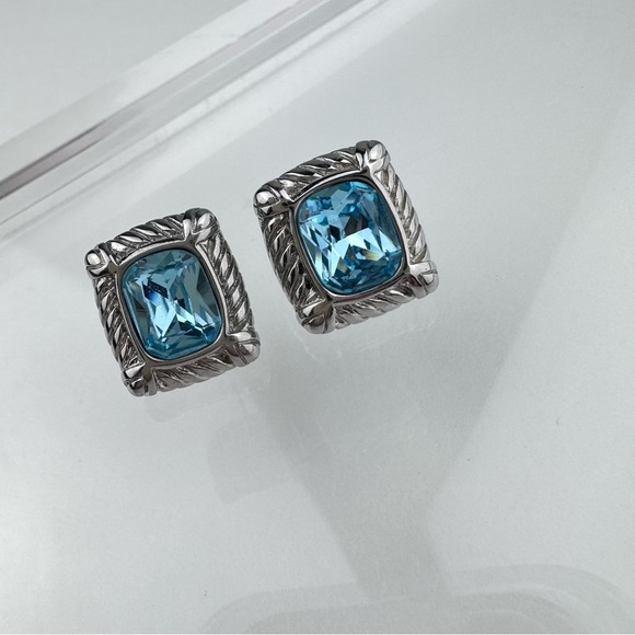 Vintage 90s DSMK Faceted Aqua CZ Silver Plated Stud Earrings - Picture 3 of 11
